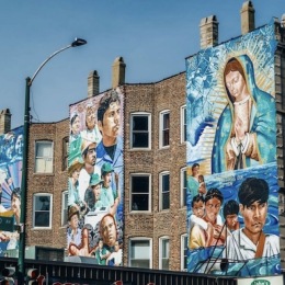 exterior of building with colorful murals