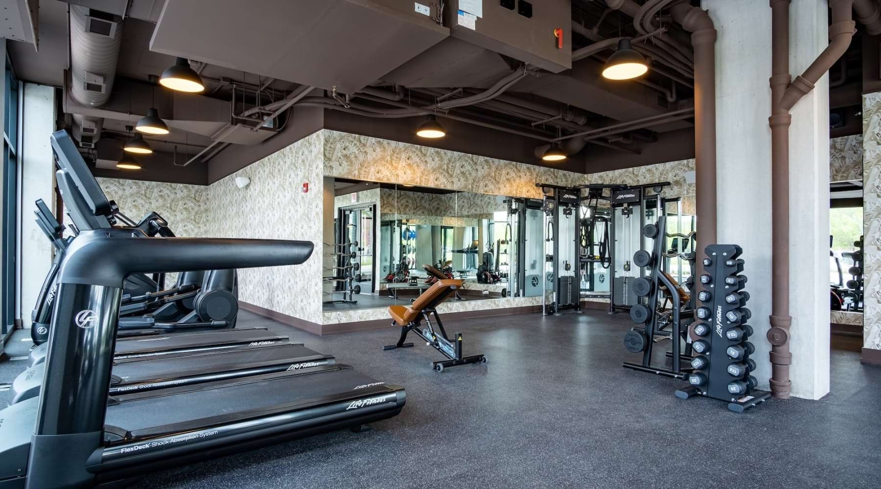 fitness center with rows of treadmills and modern style flooring