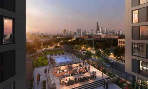 Modern apartment rooftop pool with skyline view - apartments rooftop pool