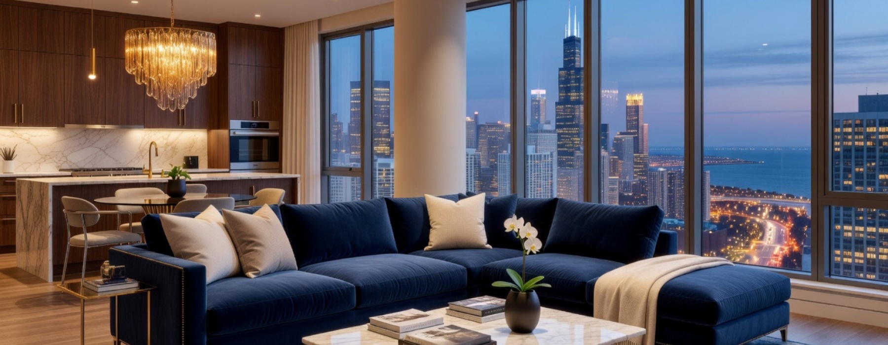 Chicago luxury apartment skyline view - High end rentals Chicago