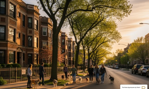 Albany Park Chicago pet-friendly apartments header image: tree-lined street with dog walkers at golden hour - pet friendly apartments in albany park chicago
