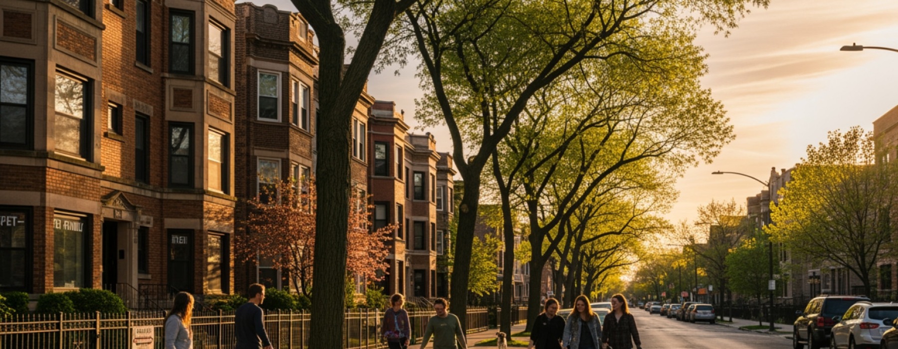 Albany Park Chicago pet-friendly apartments header image: tree-lined street with dog walkers at golden hour - pet friendly apartments in albany park chicago